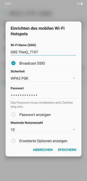 Geben Sie eine WLAN-Hotspot-Passwort mit mindestens 8 Zeichen ein und wählen Sie SPEICHERN