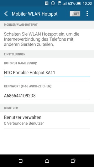 Geben Sie ein Passwort mit mindestens 8 Zeichen ein und schalten Sie Mobiler WLAN-Hotspot ein