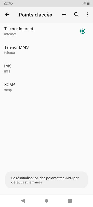 Votre téléphone va être réinitialisé avec les paramètres Internet et MMS par défaut
