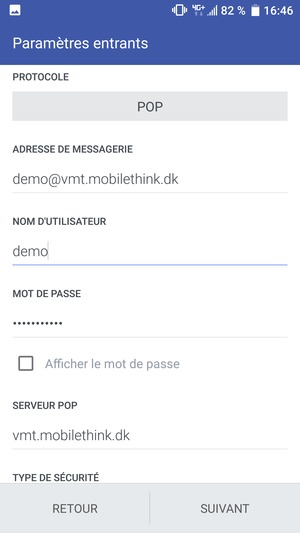 Saisissez votre Nom d'utilisateur et l'adresse du serveur Entrant. Sélectionnez SUIVANT