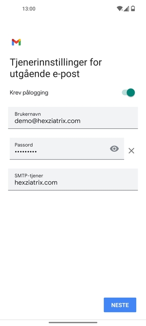 Skriv inn utgående serveradresse og velg NESTE