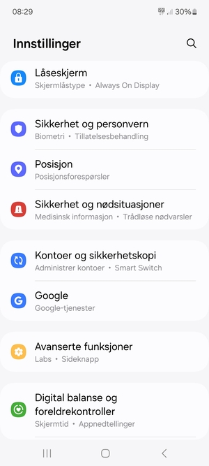 Bla til og velg Kontoer og sikkerhetskopi