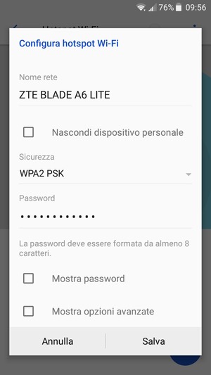 Inserisci una password dell'hotspot Wi-Fi di almeno 8 caratteri e seleziona Salva