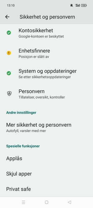Bla til og velg Mer sikkerhet og personvern