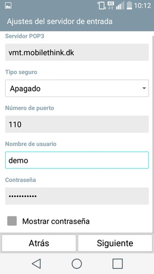 Introduzca dirección del servidor de entrada y nombre de usuario. Seleccione Siguiente