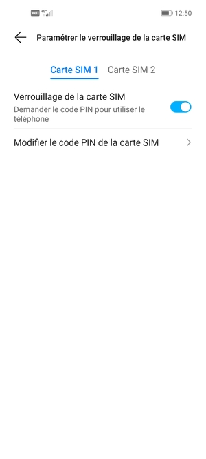 Sélectionnez Carte SIM 1 ou Carte SIM 2 et sélectionnez Modifier le code PIN de la carte SIM