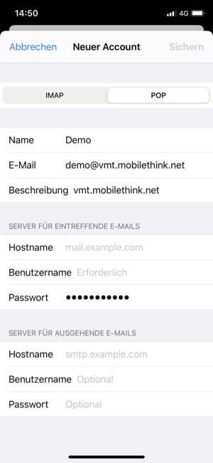 Wählen Sie POP oder IMAP und geben Sie E-Mail-Informationen für SERVER FÜR EINTREFFENDE E-MAILS ein
