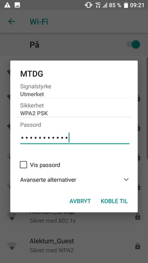 Skriv inn Wi-Fi-passord og velg KOBLE TIL