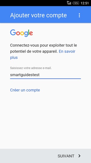 Saisissez votre adresse Gmail et sélectionnez SUIVANT