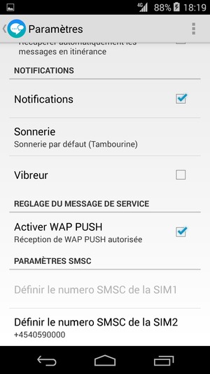 Sélectionnez Définir le numero SMSC de la SIM1 ou Définir le numero SMSC de la SIM1