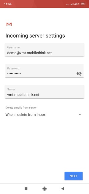 Enter Username and Incoming server address. Select NEXT