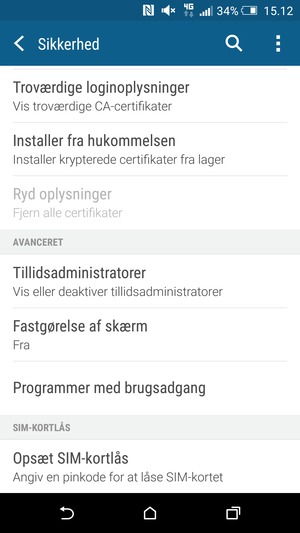 For at ændre PIN-koden til sim-kortet, vend tilbage til menuen Sikkerhed og scroll til og vælg Opsæt SIM-kortlås