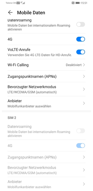 Scrollen Sie zu SIM 1 oder SIM 2 und wählen Sie Zugangspunktnamen (APNs)