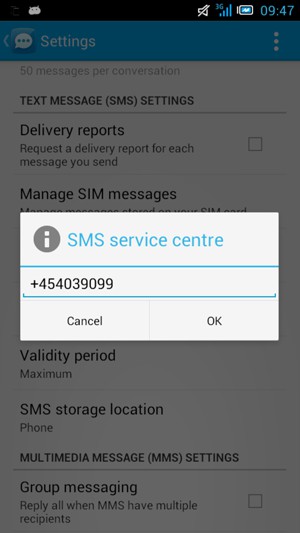 Enter the SMS service centre number and select OK