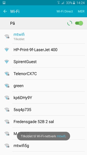 Du er nå koblet til Wi-Fi-nettverket