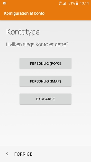 Vælg PERSONLIG (POP3) eller PERSONLIG (IMAP)