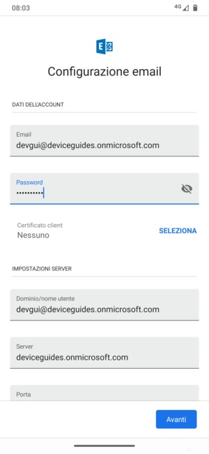 Inserisci Nome utente e l'indirizzo del server Exchange. Seleziona Avanti