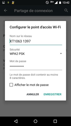 Saisissez un mot de passe de hotspot Wi-Fi d'au moins 8 caractères et sélectionnez ENREGISTRER