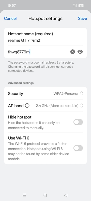 Enter a Wi-Fi hotspot password of at least 8 characters and select Save
