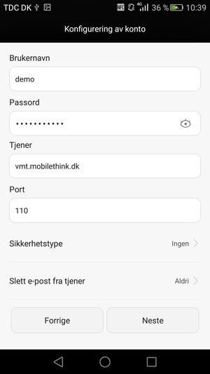 Skriv inn Brukernavn og innkommende serveradresse. Velg Neste