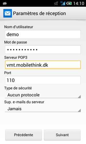 Entrez votre Nom d'utilisateur et l'adresse du serveur Entrant. Appuyez sur Suivant