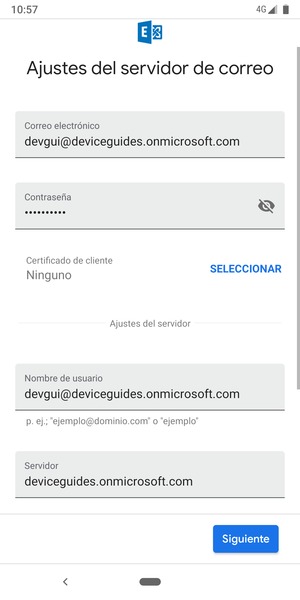 Introduzca Nombre de usuario y la dirección de servidor Exchange. Seleccione Siguiente