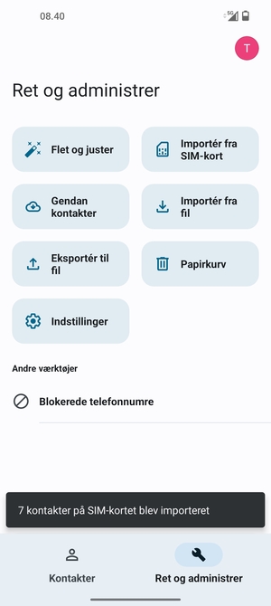 Dine kontakter vil blive gemt på din Google konto og gemt på din telefon næste gang Google synkroniseres.