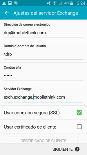 Introduzca Nombre de usuario y la dirección de servidor Exchange. Seleccione SIGUIENTE