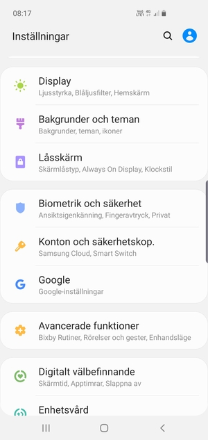 Scrolla till och välj Konton och säkerhetskop.