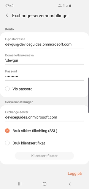 Skriv inn Brukernavn og Exchange serveradresse. Velg Logg på