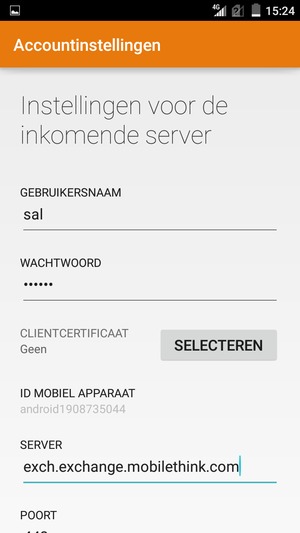 Voer Gebruikersnaam en Exchange serveradres in