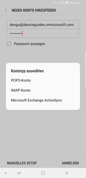 Wählen Sie Microsoft Exchange ActiveSync