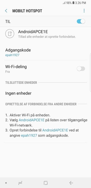 Din telefon er nu sat op til brug som modem