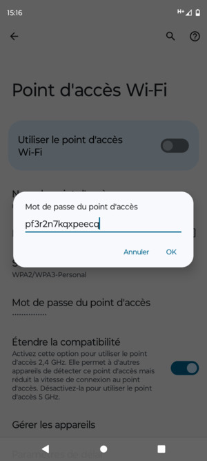 Saisissez un mot de passe de hotspot Wi-Fi d'au moins 8 caractères et sélectionnez OK