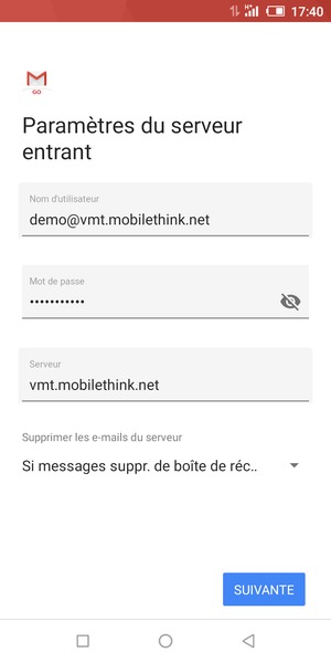 Saisissez votre Nom d'utilisateur et l'adresse du serveur entrant. Sélectionnez SUIVANTE
