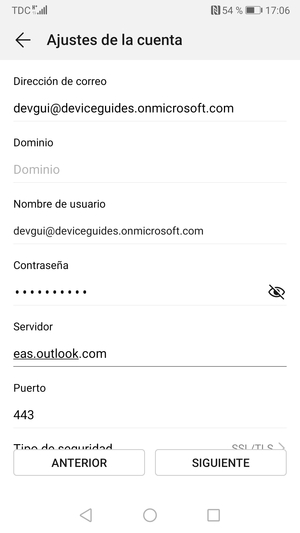 Introduzca la dirección de servidor Exchange y seleccione SIGUIENTE