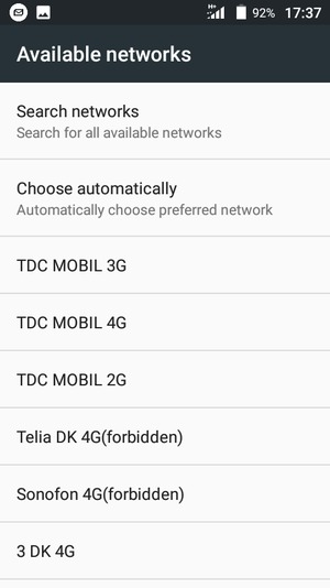Select a network operator from the list