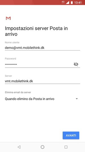Inserisci Nome utente e l'indirizzo del server di posta in arrivo. Seleziona AVANTI