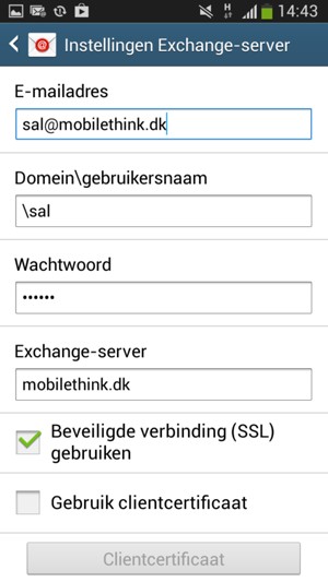 Voer Gebruikersnaam en Exchange serveradres in