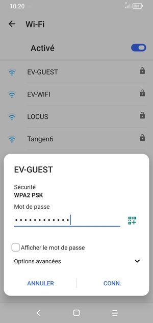 Saisissez le mot de passe du Wi-Fi et sélectionnez CONN.
