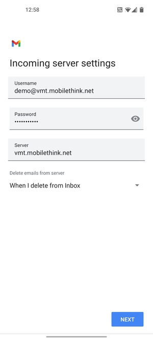 Enter Username and Incoming server address. Select NEXT