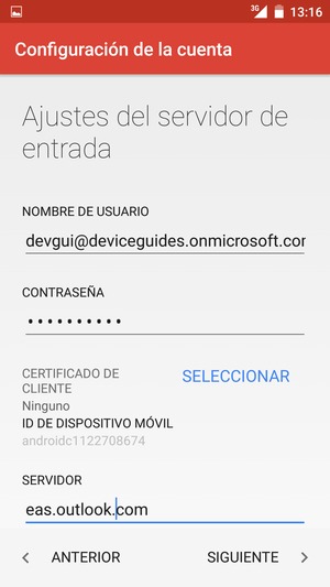 Introduzca Nombre de usuario y la dirección de servidor Exchange. Seleccione SIGUIENTE