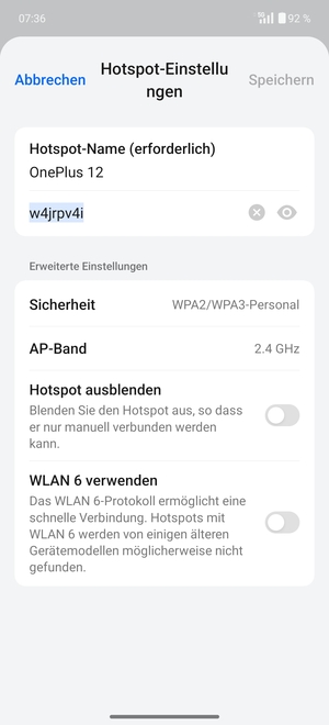 Geben Sie eine WLAN-Hotspot-Passwort mit mindestens 8 Zeichen ein und wählen Sie Speichern