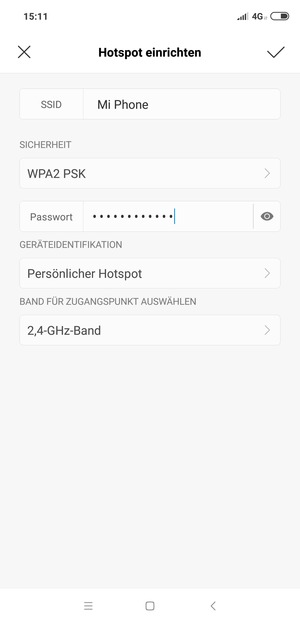 Geben Sie eine WLAN-Hotspot-Passwort mit mindestens 8 Zeichen ein und wählen Sie SPEICHERN