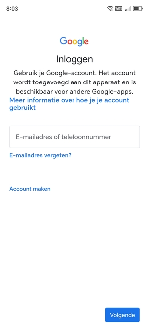 Voer uw Gmail adres in en selecteer Volgende