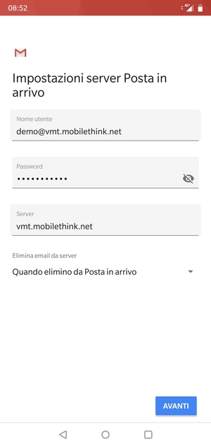 Inserisci Nome utente e l'indirizzo del server di posta in arrivo. Seleziona AVANTI