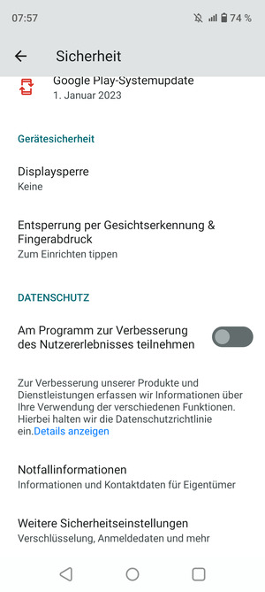 Um die PIN für die SIM-Karte zu wechseln, gehen Sie zum Sicherheit Menü und wählen Sie Weitere Sicherheitseinstellungen
