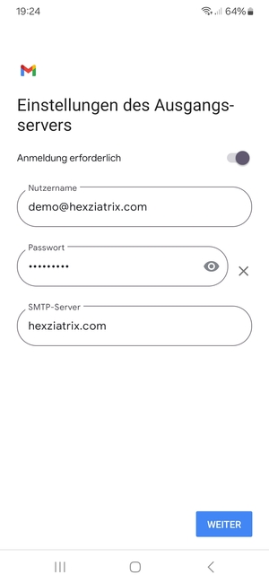 Geben Sie die Ausgangs Server Adresse ein und wählen Sie WEITER