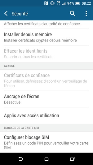 Pour modifier le code PIN de la carte SIM, revenez au menu Sécurité, faites défiler et sélectionnez Configurer blocage SIM