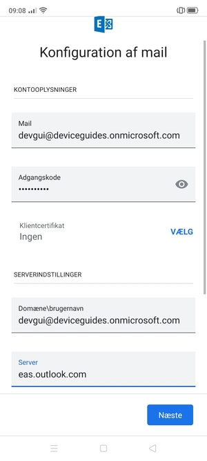 Indtast Brugernavn og Exchange serveradresse. Vælg Næste